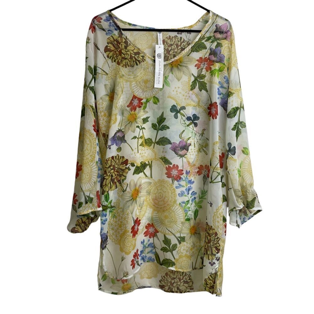 Jeanne Pierre Kilfa Taj Tunic Floral Chiffon Sheer Boho Resort Multi Coverup